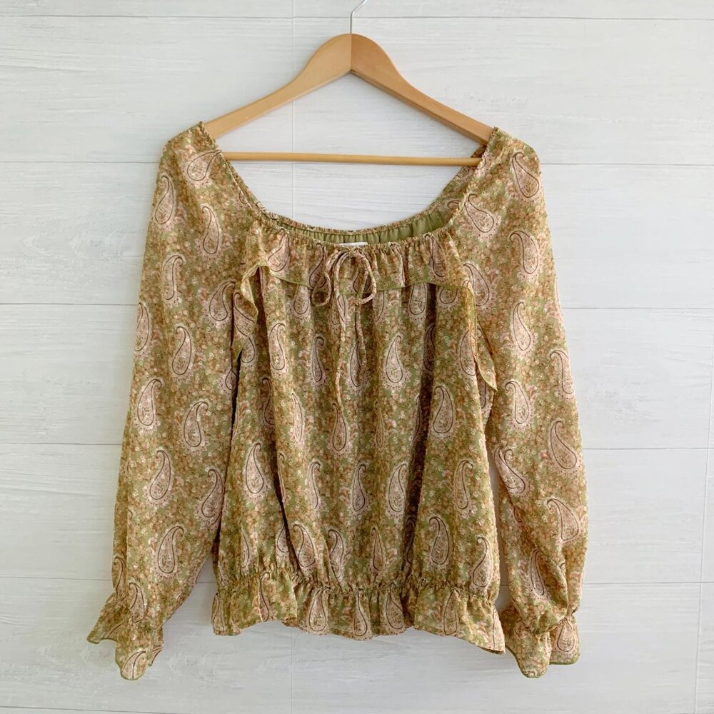 DR2 - Green Swiss dot paisley square neck or off shoulder peasant peplum top, M